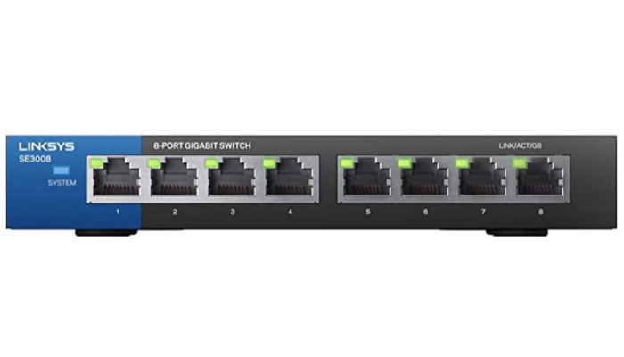 gray and blue network switch with eight Ethernet ports