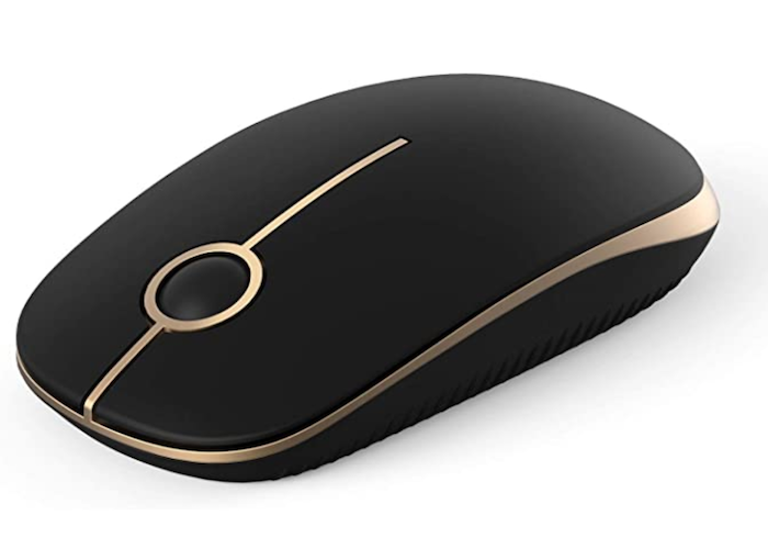 sleek black wireless laptop mouse with gold accents