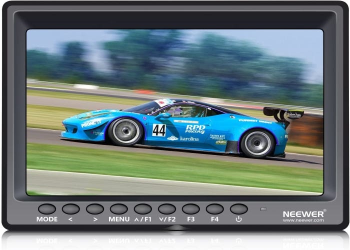 FPV monitor showing a blue racecar