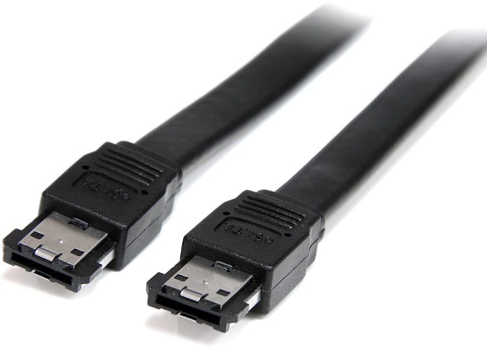 closeup of the ends of a black eSATA cable