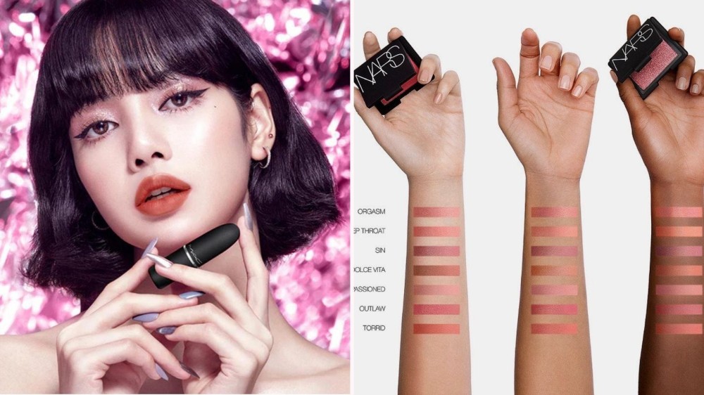 A woman holding up lipstick and wearing blush; three arms with swatches of blush on them