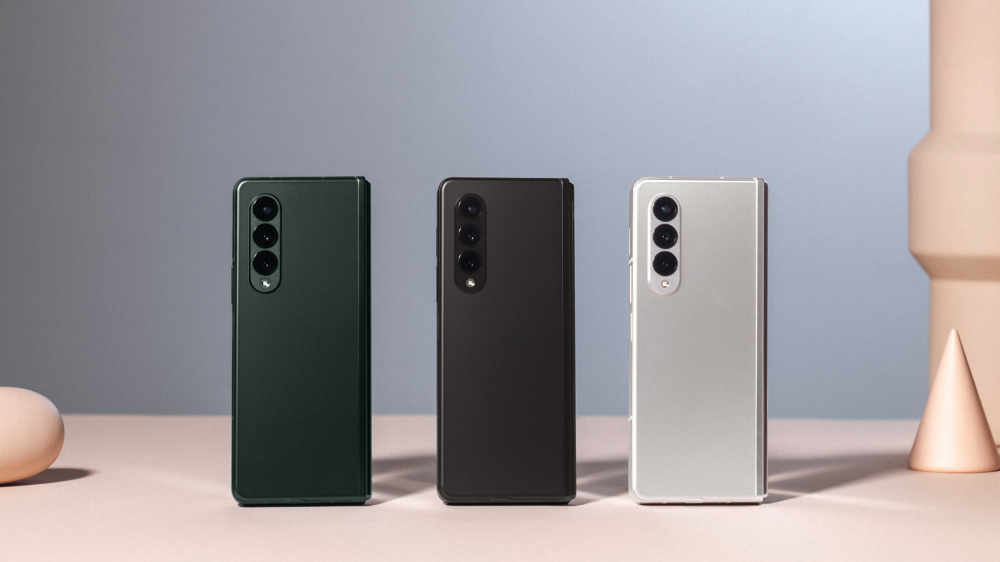 The Samsung Galaxy Fold3 in green, black, and silver.