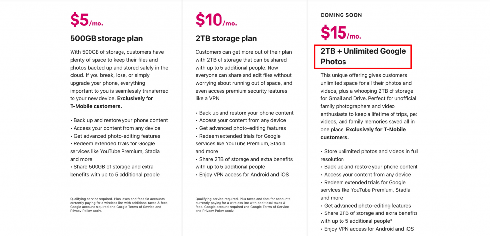 Google One photos storage on T-Mobile