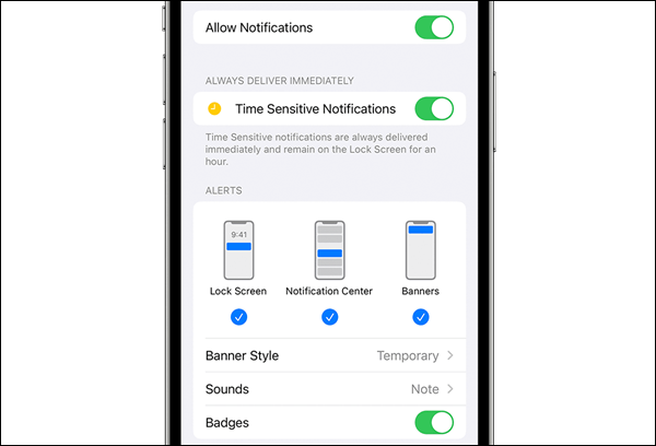 iPhone notification settings.