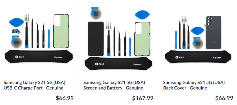 Replacements for USB-C port ($69.99), screen and battery ($167.99), and back cover ($66.99)