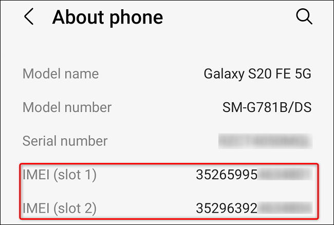 View a Samsung phone's IMEI number in Settings.