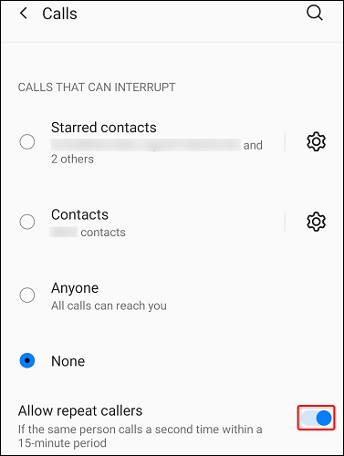 Android's option to allow repeat callers in DND mode.