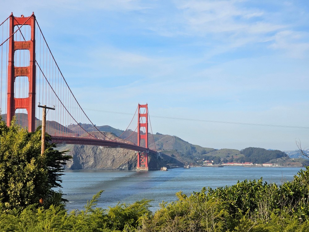 A wide shot of the Golden Gate Bridge