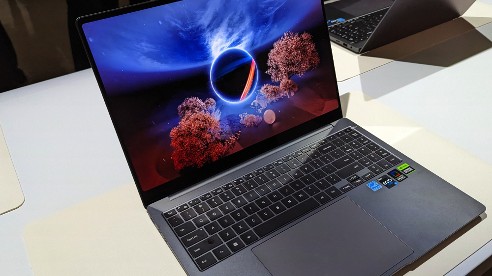 The Samsung Galaxy Book 3 Ultra showing a screen saver at Unpacked 2023