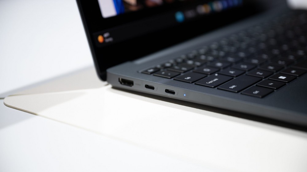 A closeup of the Samsung Galaxy Book 3 Ultra's USB-C ports at Unpacked