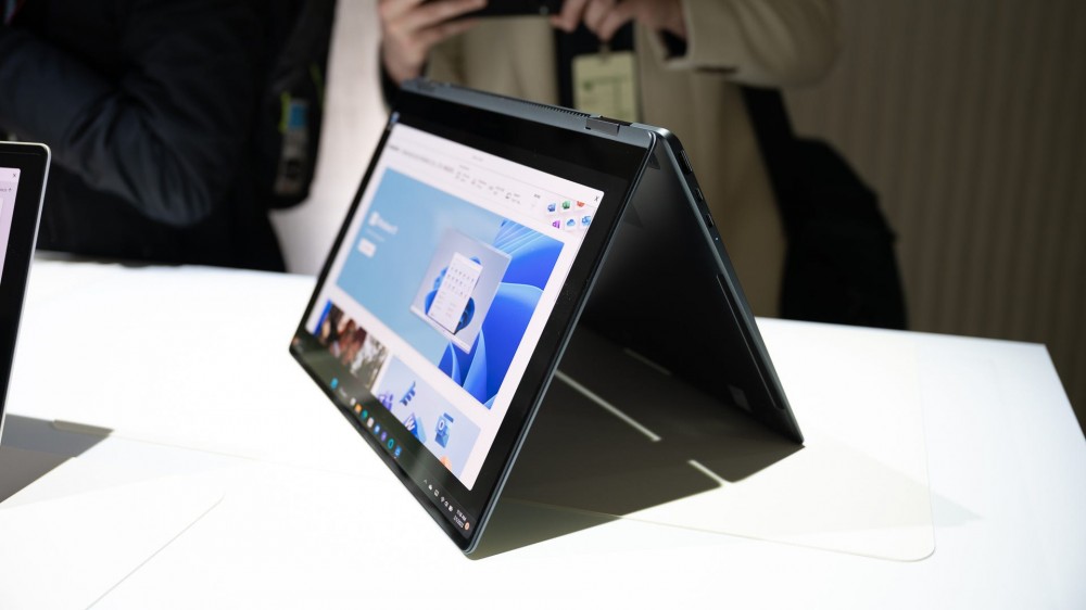 THe Samsung Galaxy Book 3 Pro 360 in tent mode at Unpacked