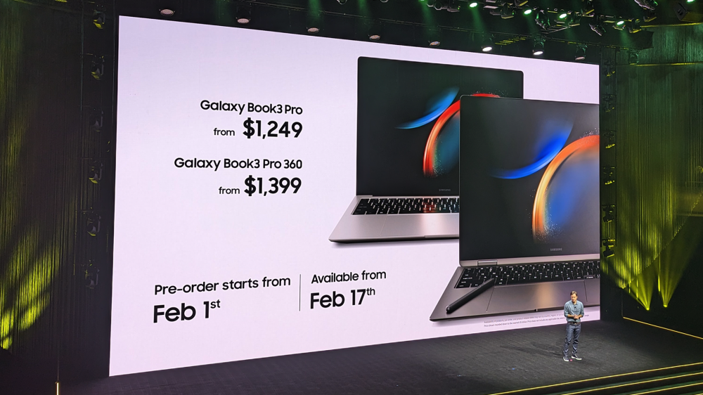 Samsung revealing pricing for Galaxy Book 3 Pro and Pro 360 at the Unpacked event.