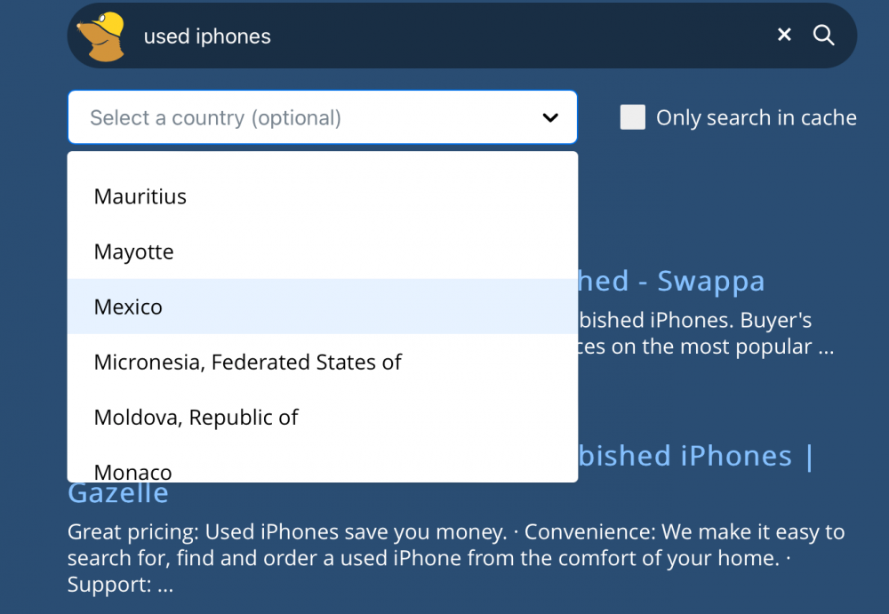 Narrowing Mullvad Leta search results by country.